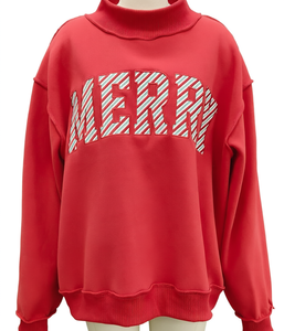 Wholesale Custom <b>Women</b> <b>Christmas</b> <b>Sweatshirt</b> Red Mock Neck Oversized Merry Letter Patchwork Fleece Pullover Manufacturer Applique - Product Image 1