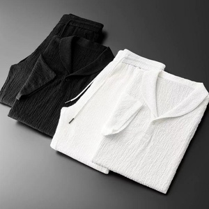 Trajes de Verano para Hombre, Casuales, de Punto, de 2 Piezas, Camiseta de Manga Corta + Pantalones Largos, Cuello Polo de Color Sólido, Cintura Elástica con Botones - Product Image 5