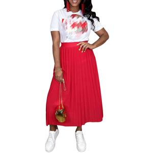 ชุดเซ็ตสองชิ้นแฟชั่นสำหรับผู้หญิง ลายพิมพ์โลโก้เรียบง่าย แขนสั้น กระโปรงพลีททรงเอ ความยาวปานกลาง สไตล์ลำลอง สำหรับฤดูร้อน - Product Image 1