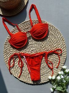 Set Bikini Rosso con Perizoma per Donna, Costume da Bagno Sexy con Lacci Laterali, Fascia con Supporto in Acciaio, Push-up, Intimo da Spiaggia - Product Image 3