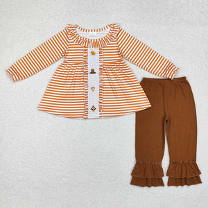 Conjunto de pantalones y pelele de manga larga con volantes y bordado de Acción de Gracias a rayas para bebés y niñas, ropa de otoño de boutique - Product Image 2