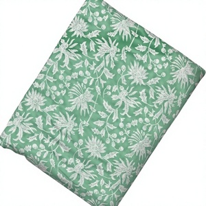 Floral Printed hand block printed <b>Fabric</b> Green White Breathable Medium <b>Weight</b> Woven Cotton Home Textile Material - Product Image 1