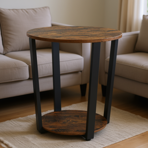 Table d'appoint ronde à 2 niveaux, cadre en métal noyer, étagère de rangement, meubles de salon - Product Image 2