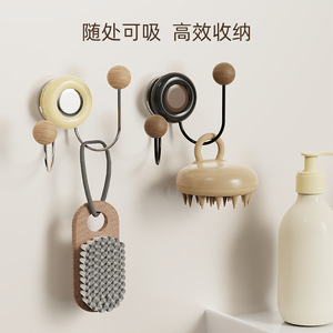 Double Wooden Ball Suction Hooks Black Creamy Yellow Double Hook Strong Adhesion For Bathroom Kitchen Door Entryway - Product Image 4