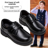 Chaussures Derby à cheville en cuir de vachette première couche style britannique pour garçons, en cuir noir; en cuir véritable, performance, campus, étiquette, velcro, tout-en-un