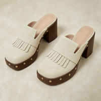 Mules à franges pour femmes, plateforme, talon carré, en daim, clous dorés, style Kiltie, bout carré, à enfiler, sans talon, style bohème, sabots épais