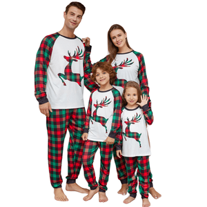 女性用クリスマスチェック柄ラグラン竹パジャマプラスサイズ冬服女の子と男の子のための家族マッチング衣装 - Product Image 1