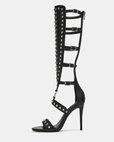 Bottes gladiateur sexy noires en cuir PU pour femme, à talon aiguille clouté, sandales romaines ajourées pour soirée