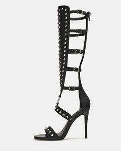 Botas Gladiador Negras de Cuero Sintético PU hasta la Rodilla para Mujer, con Tachuelas, Tacón de Aguja y Diseño Hueco, <span class=keywords><strong>Sandalias</strong></span> <span class=keywords><strong>Romanas</strong></span> para Fiesta - Product Image 1