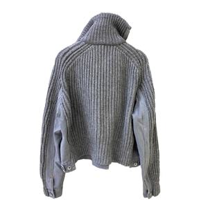 Veste en maille rétro à col montant pour homme, gris, patchwork denim, zippée, style streetwear, vente en gros - Product Image 2