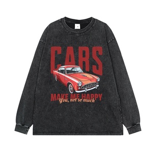 Camiseta de manga corta con estampado de coche desgastado, cuello redondo, algodón con acabado lavado, estilo retro, rojo vintage, corte holgado y hombros caídos. - Product Image 3