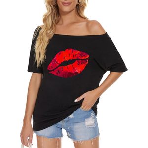 Womens Off The Shoulder Top Short Sleeve Metallic Lip Print Casual Blouse Regular Plus Size - Product Image 1