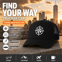 Gorras Trucker Personalizadas Bordadas, 5 Paneles, Malla Trasera Estructurada, Diseño 3D en Relieve de Rosa de los Vientos, Negras y Blancas, Gorras para Exteriores, Venta al Por Mayor