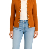 Cardigan en tricot caramel pour femme, ouvert sur le devant, bord festonné, boutons dorés, tricot fin, collection boutique