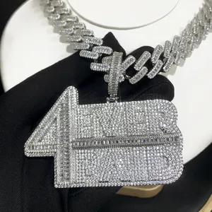 2024 nueva llegada rectángulo CZ letra 4 nunca pagado colgante collar micro pavé CZ Bling hip hop hombres niño gargantilla joyería