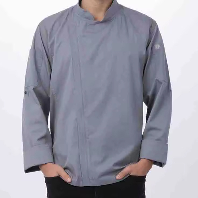 Unisex Mandarin Collar Chef Jacket Long Sleeve CVC Twill 100% Polyester Restaurant Bar Uniform Pockets Button Closure Needle