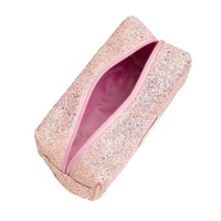 Pochette de maquillage en cuir PU rose tendance, logo personnalisé, pochette cosmétique, fermeture éclair avec fil pailleté, organiseur de toilette pour femmes, voyage