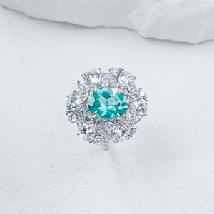 925 Sterling <b>Silver</b> Lab Created Paraiba Color <b>Garnet</b> Oval Cut Floral Halo <b>Ring</b> - Product Image 1