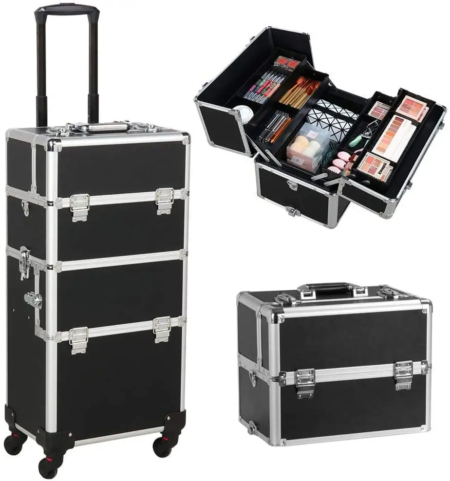 3 in 1 Aluminium Make-up Trolley Große Vanity Beauty Case Trolley Kosmetik Organizer Box Bag Friseur Nail Art Salon Schwarz