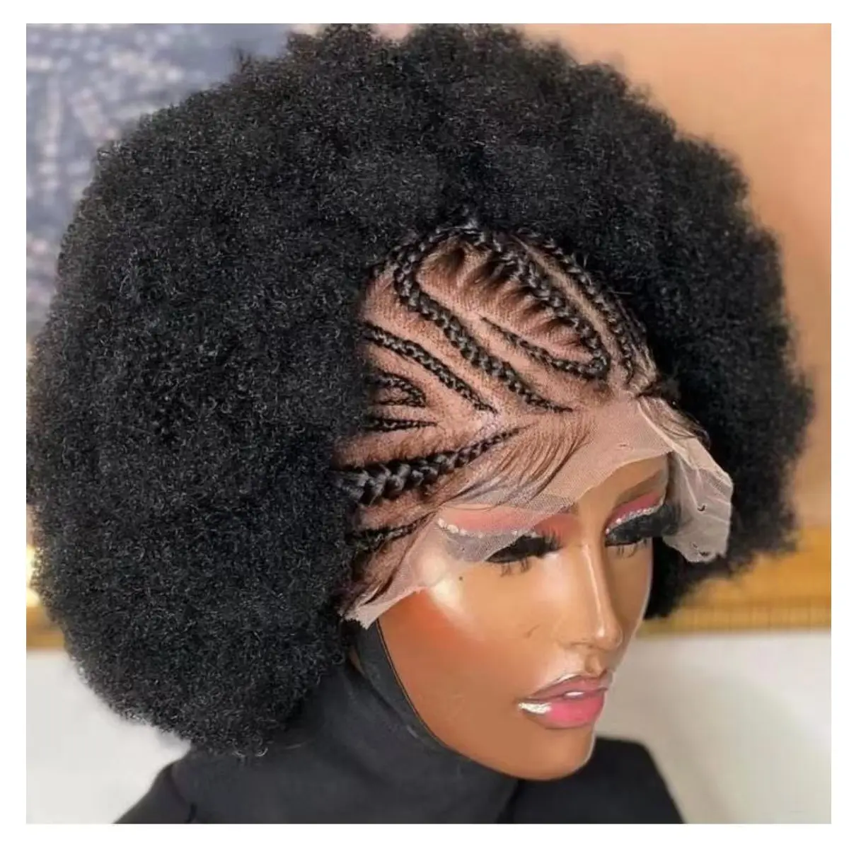 Bleached Invisible Knots High Density Natural Black Color Afro Kinky Curly Remy Braided Human Hair 13*6 Full Lace Front Wigs