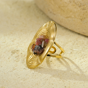 خاتم مفتوح من الحجر الطبيعي بشكل بيضاوي من NIMAI، مجوهرات ضخمة من الفولاذ المقاوم للصدأ مطلية بالذهب مقاومة للماء مع أحجار كريمة، مقاس حر - Product Image 4