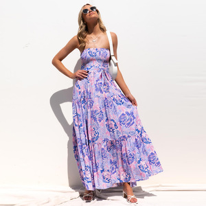 Oem Bohemian Ladies Long Strapless Print Ruffle Smocking <strong>Elastic</strong> Tube <strong>Top</strong> Bloom Printed Tie up Waist Casual Holiday Maxi <strong>Dress</strong> - Product Image 5