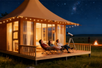 Tente de glamping de luxe semi-permanente personnalisée, double, quatre saisons, 2 chambres, salon, toile PVC, imperméable, ignifuge, anti-UV, structure en acier