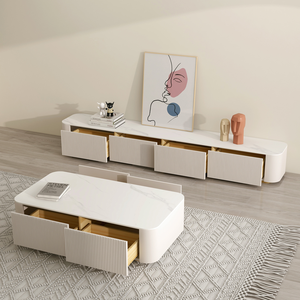 Unidades de pared de Tv de lujo, muebles de sala de estar, soporte de Tv superior de mármol con luz Led y juego de mesa de café, mesa de té, mueble de Tv de madera moderno - Product Image 5