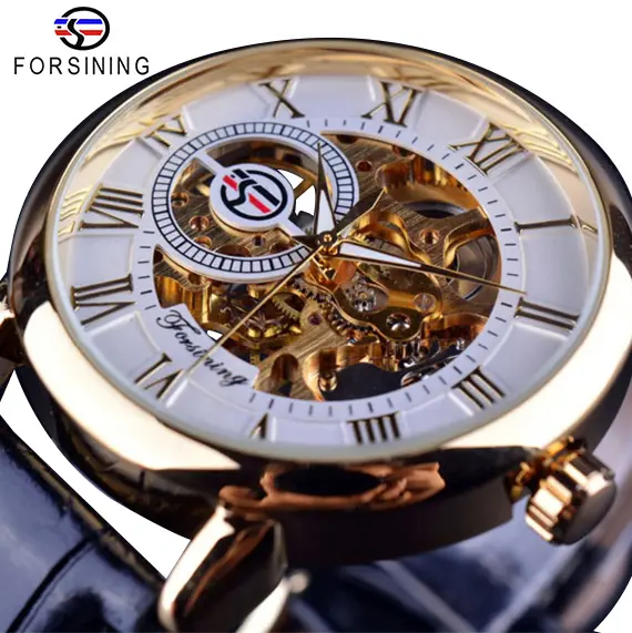 Forsining Herren uhren Top Marke Luxus Mechanische Skelett uhr Schwarz Golden 3D Literal Design Römische Nummer Schwarz Zifferblatt Uhr