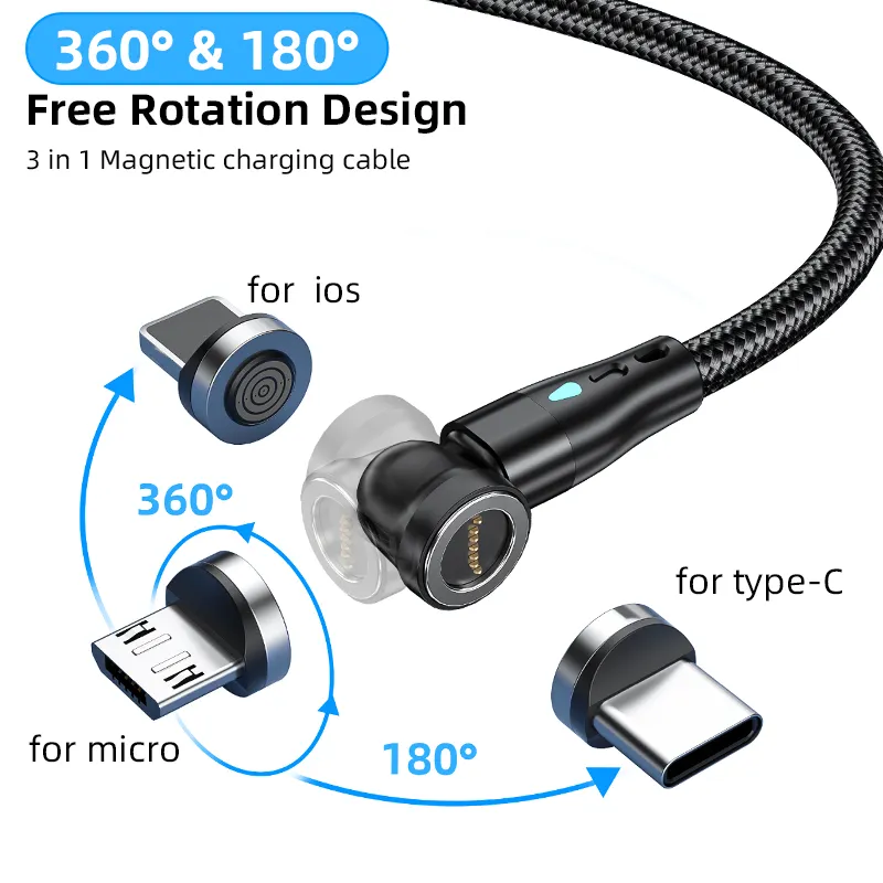 540磁気USBケーブル3in1急速充電ケーブルL字型 & ストレート3AUSBデータケーブルAndroidType C i-pho用