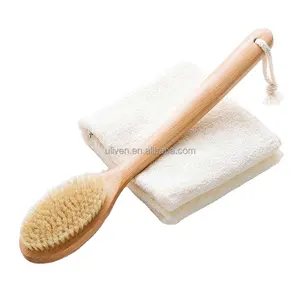 Fabrika toptan 100% doğal Vegan Sisal kıl peeling fırçası bambu ahşap kolu duş kuru vücut banyo fırçası