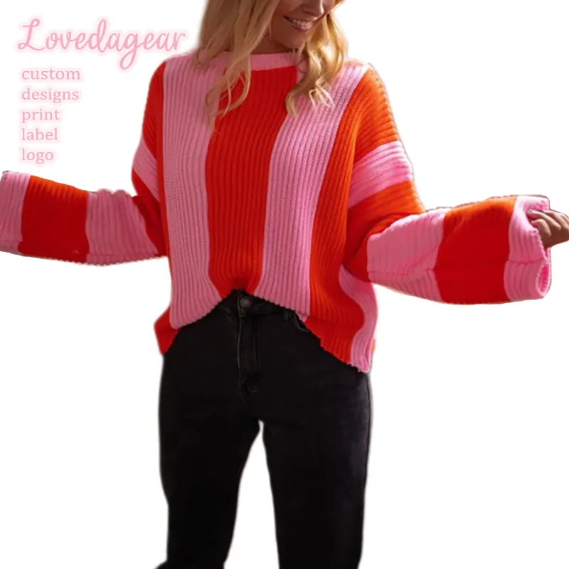 Loveda New Design Women Clothing Women's Stripe Tops Pink And Orange Crew Neck Knitted Sweaters