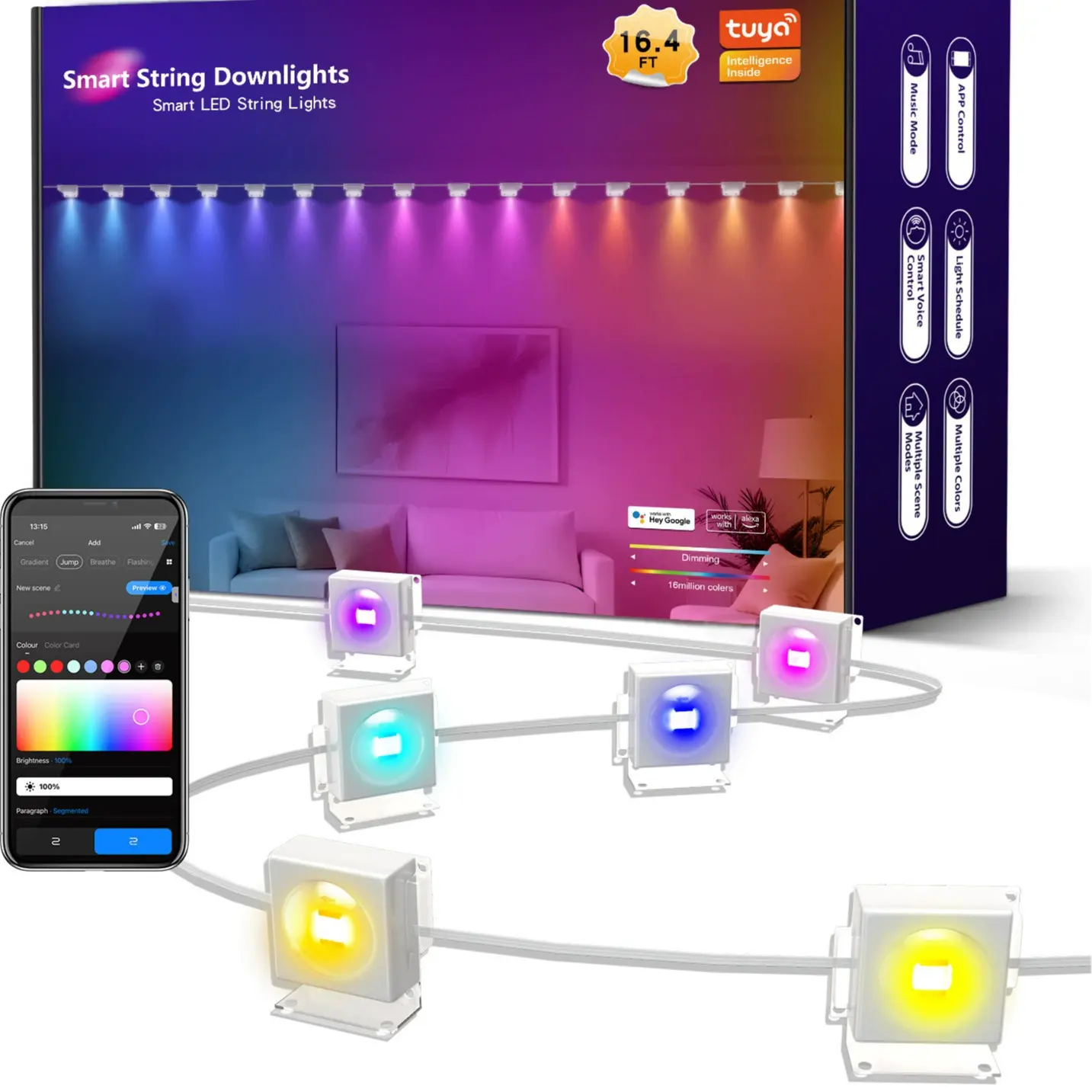 New Arrival 24V RGBIC Smart LED Indoor Light Modern Tuya Alexa Wi-Fi Remote Control 9.8ft PVC String Downlights Party Music Home