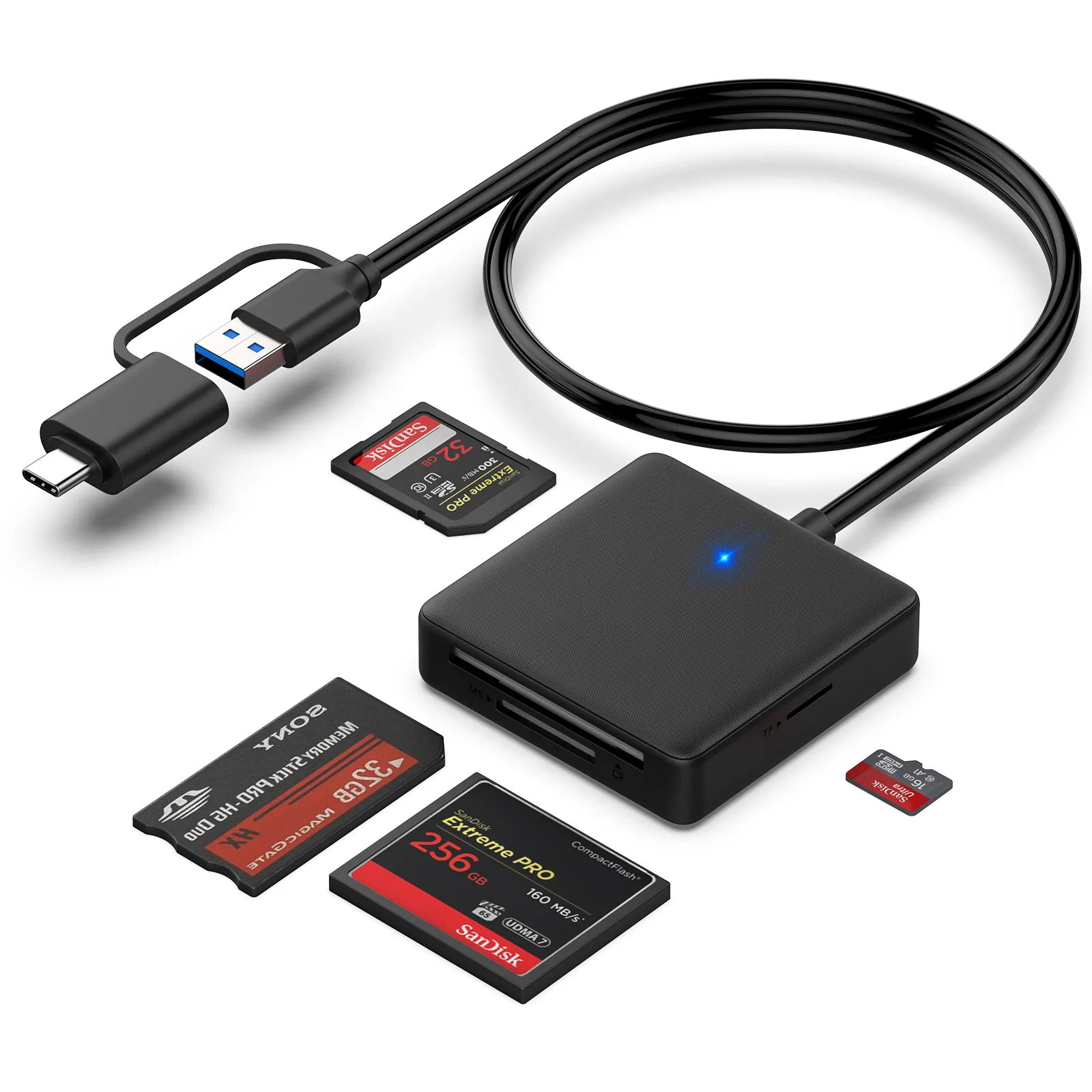 メモリカードリーダーのカスタマイズ、iPhone 15 Pro/Maxと互換性のある4 in1 USB USB-CからSD Micro-SD MS CFカードリーダーアダプター、