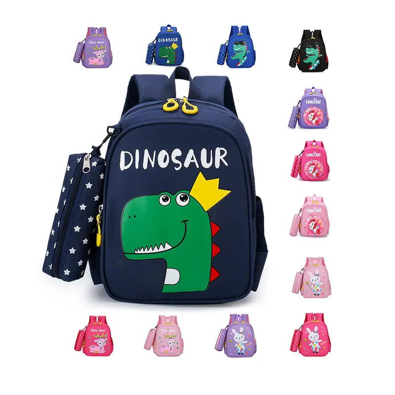 Cartoon dinosaur printed boys girls backpack with pencil case school kids bag set for children