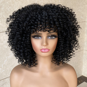 Perruque synthétique bouclée africaine de 14 pouces résistante à la chaleur avec <span class=keywords><strong>frange</strong></span>, perruque courte naturelle sans colle pour cosplay, perruques afro bouclées pour femmes noires - Product Image 4