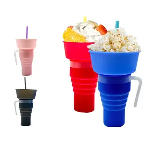 新设计的可重复使用的零食杯爆米花杯和带吸管的可折叠硅胶玻璃杯