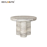 Table d'appoint en travertin minimaliste avec dessus en verre artisanal & base en pierre naturelle, personnalisable pour salon