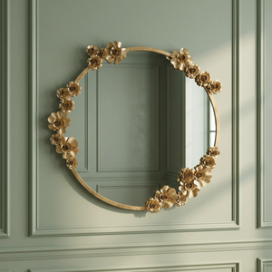 Rectangular <b>Gold</b> Floral Wall <b>Mirror</b> Decorative Framed Modern Style Metal Art for Home Interior Christmas Occasion 4.0mm Thick - Product Image 1