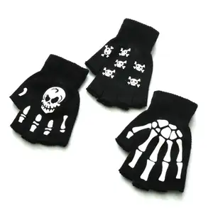New Punk Gloves Unisex Halloween human skeleton Half Finger Gloves Glow In The Dark Fingerless Stretch Knitted Winter Mittens