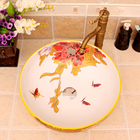Gran oferta, lavabo sanitario creativo para el hogar, lavabo redondo de cerámica, amarillo, blanco, flor de peonía, encimera, lavabo de porcelana