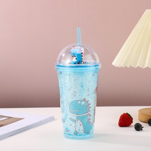 Cute 450ml Astronaut Dinosaur Star Print <b>Plastic</b> Tumbler with <b>Straw</b> and Sparkling Ice Glitter with Decorative Figurine Dome Lid - Product Image 1