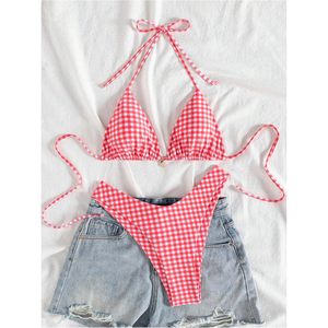Conjunto de bikini de 2 piezas a cuadros para mujer FOXA, traje de baño triangular con cuello halter, bikini elástico de cintura alta para ropa de playa - Product Image 3