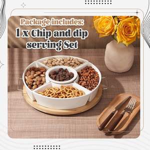 Ensemble de service pour chips et trempette de 11,4 pouces, 5 compartiments amovibles, noix, fruits, bol en céramique, plateau rotatif en bambou avec poignée en métal - Product Image 3