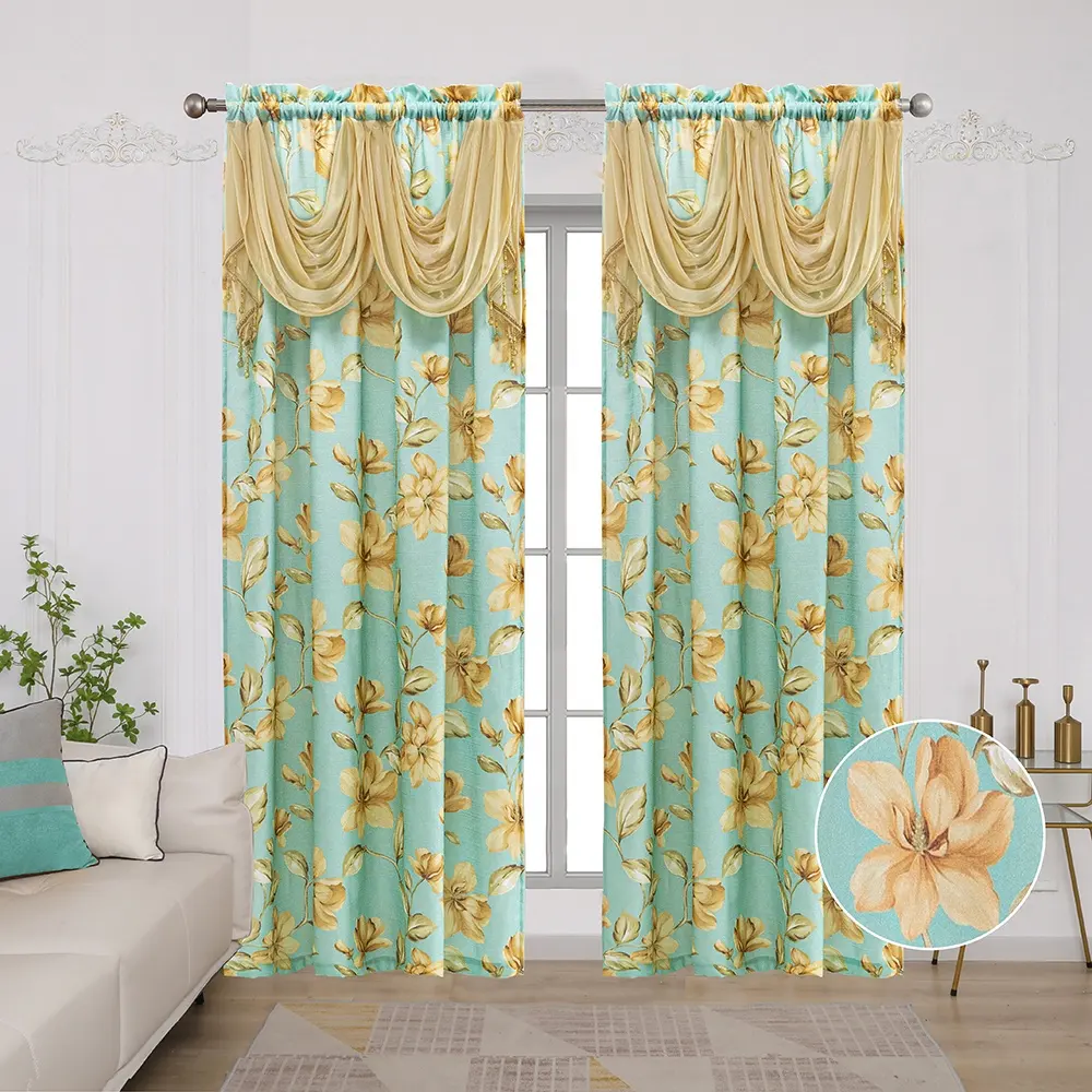 Tende di mantovana di fiori dorati con finestra di lino stampata pronta all'ingrosso per soggiorno tenda da cucina moderna a buon mercato per camera da letto