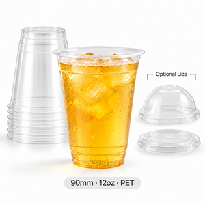 Vasos de Plástico PET Transparente de 90 mm y 12 oz con Tapas, Vasos Desechables para Café Helado y Bebidas Frías, Logotipo Personalizado para Jugos, Smoothies y Boba - Product Image 1