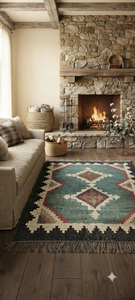 Tapis artisanal en laine et jute turquoise, motif tribal géométrique, pour salon, chambre, style bohème, ferme, rustique, décoration de sol. - Product Image 6