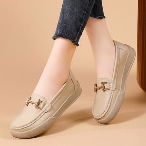 2025 Autumn New Versatile Shallow Mouth Flat Loafers for Women Slip-On Round Toe Metal Buckle <b>Soft</b> Leather Retro Women's <b>Shoes</b> - Product Image 4