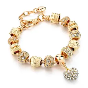 Suxuan Sieraden Fabriek Prijs Murano Glazen Kralen Gouden Hanger Armband Met Kristallen Hart Hanger Bedelarmband