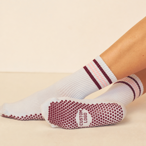 Custom White Burgundy Pink Stripe Pilates Yoga Grip <b>Socks</b> Silicone Dot Non Slip Crew Cuff <b>Socks</b> <b>Women</b> OEM ODM - Product Image 2
